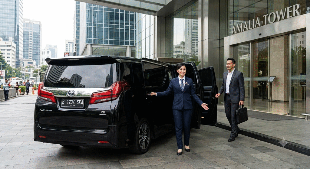 Foto mobil Toyota Alphard hitam yang bersih di depan gedung perkantoran/hotel bintang 5