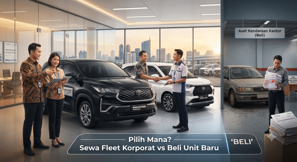Sebuah gambar komparatif yang menggambarkan keunggulan sewa armada korporat dibandingkan membeli kendaraan baru untuk perusahaan